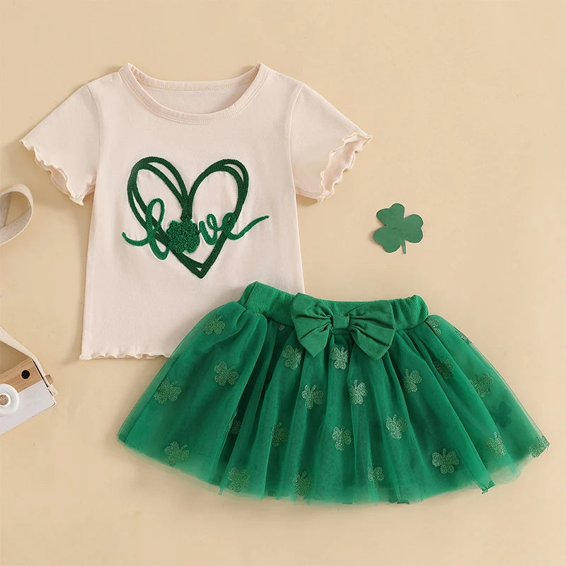 St Patrick s Day Short Sleeved Skirt and top set with Shamrock Print Short Sleeve