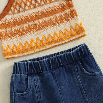 Kids Girls Pants Set, Sleeveless Knit Camisole with Elastic Waist Tasseled Jeans