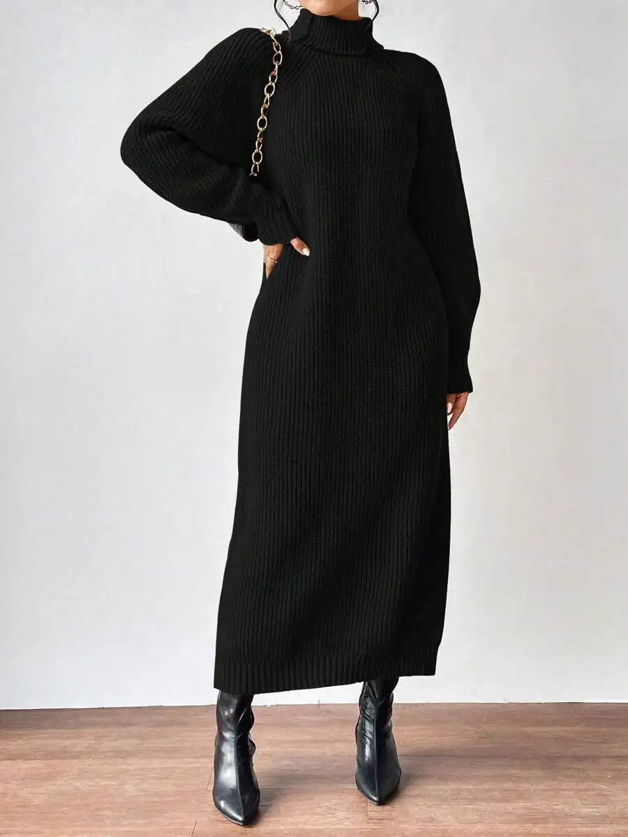 Black Turtleneck Ribbed Knit Long Sleeve Sweater Dress for Women
