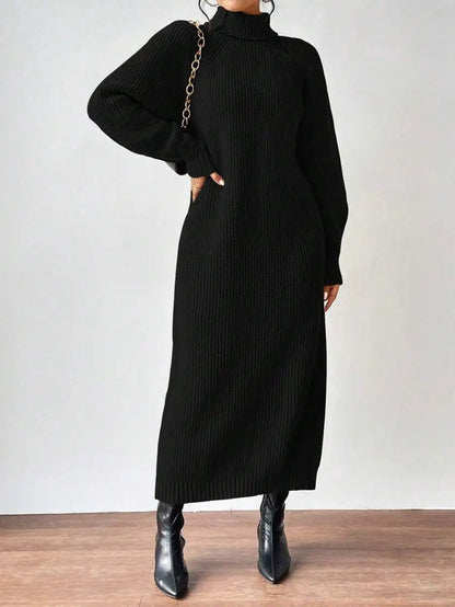 Black Turtleneck Ribbed Knit Long Sleeve Sweater Dress for Women