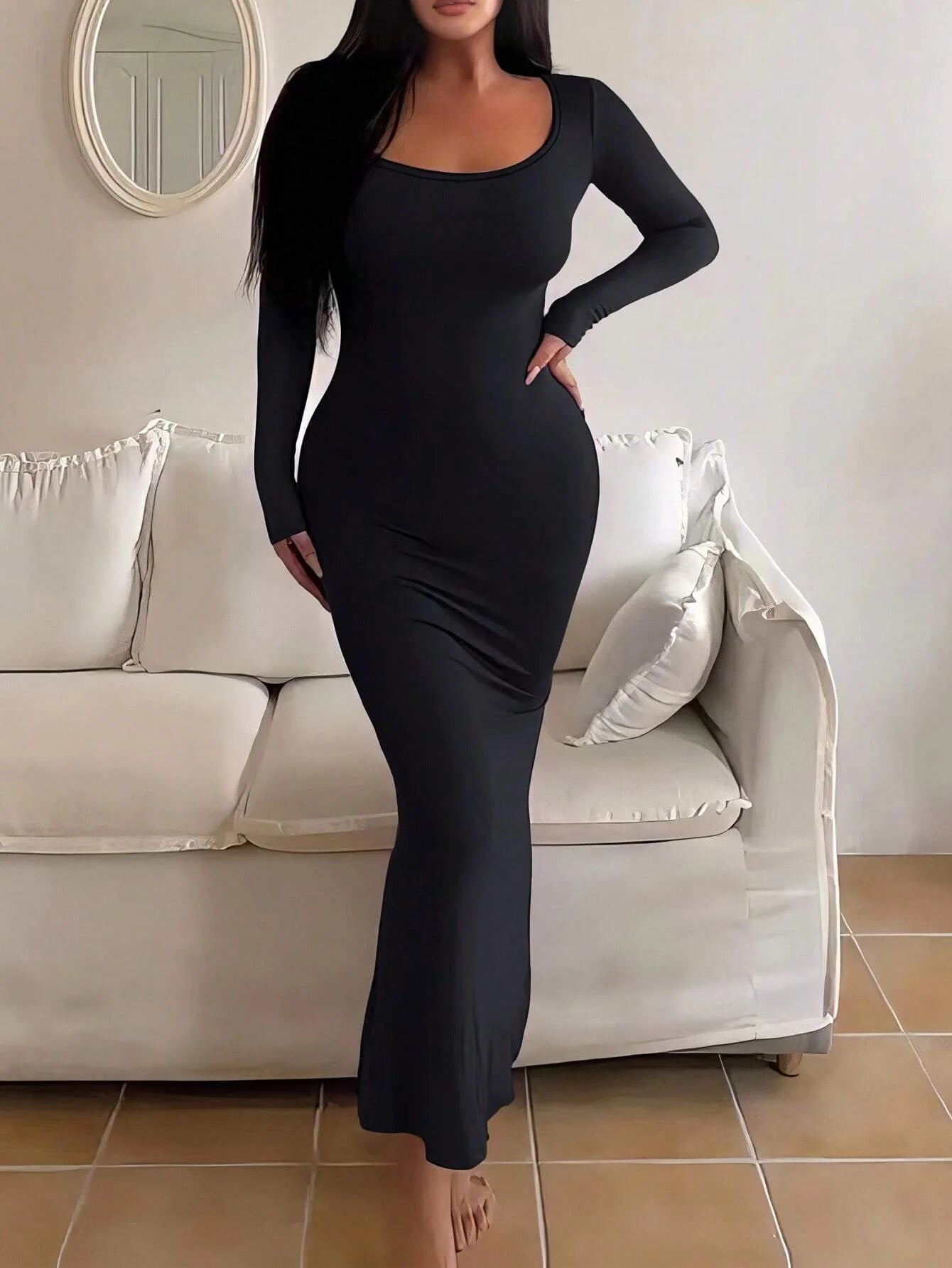 Women's Chic Soop Neck  Solid Long Sleeve Bodycon Dress,