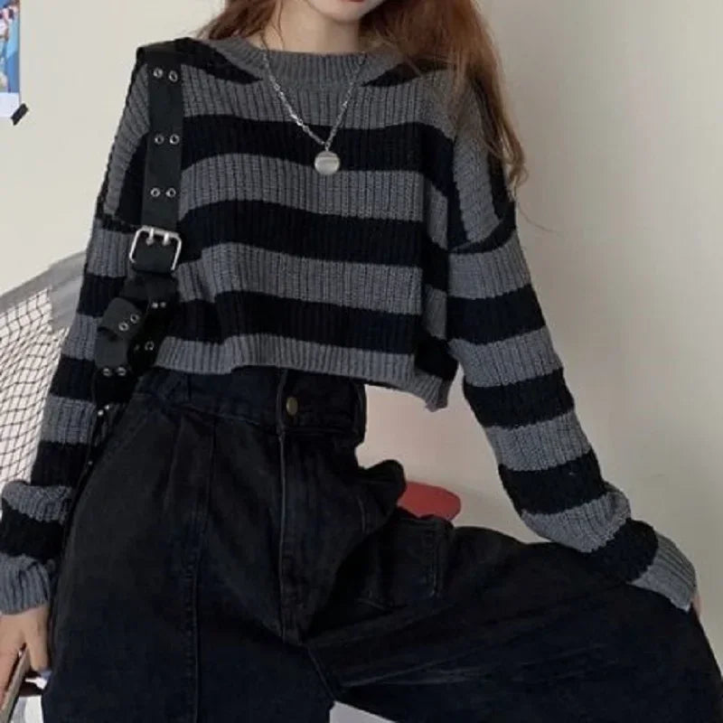 Korean Style Oversized Striped Cropped Sweater