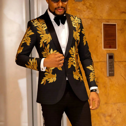 Men's floral embroidery slim-fitting single-button two-piece suit.