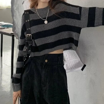 Korean Style Oversized Striped Cropped Sweater