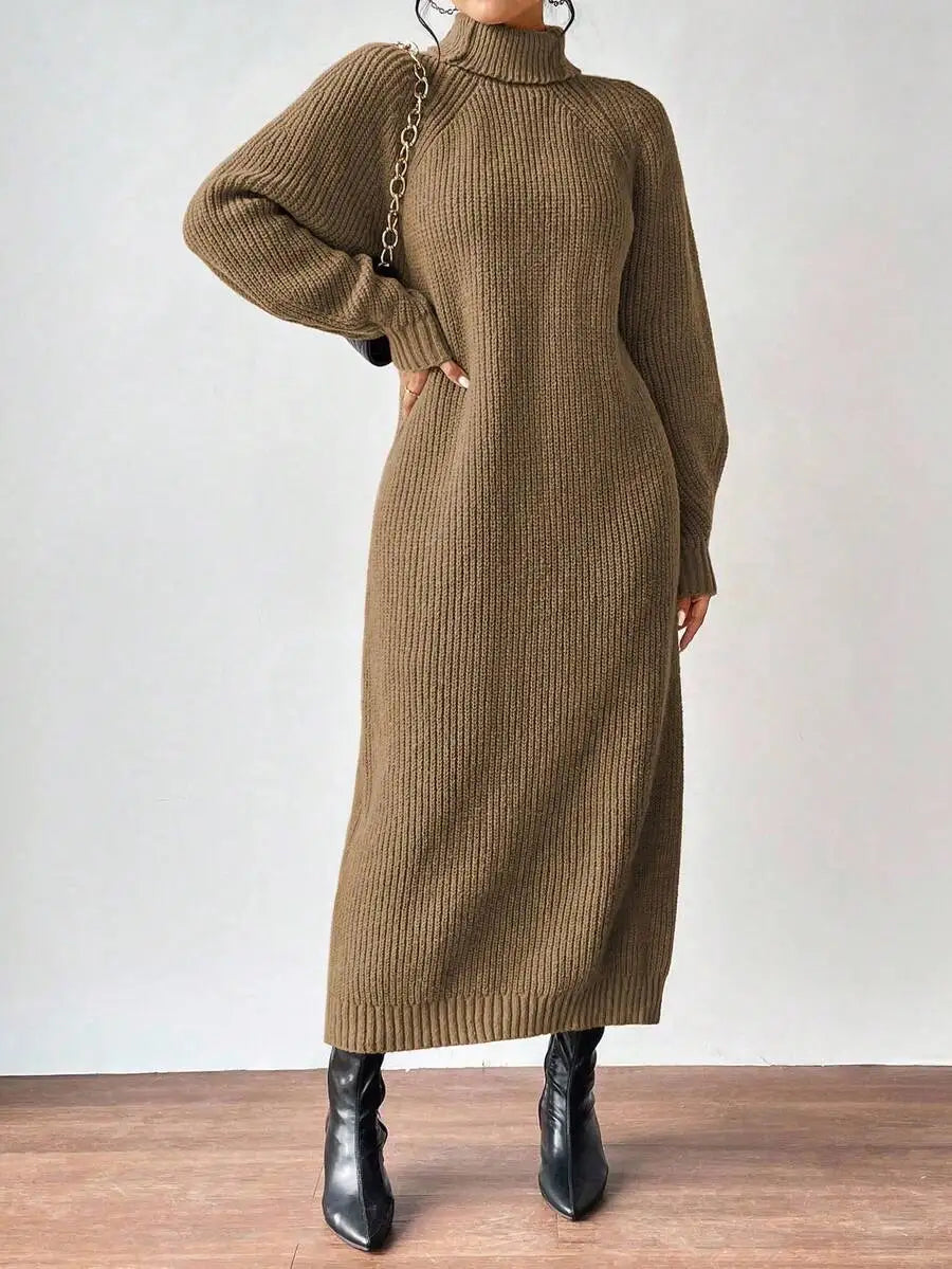 Black Turtleneck Ribbed Knit Long Sleeve Sweater Dress for Women
